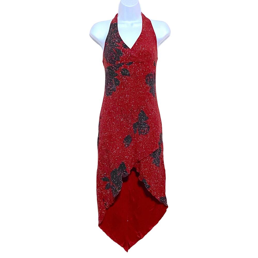 Red Black Floral Glitter Halter Dress L Babydoll Whimsigoth Cocktail Coquette
